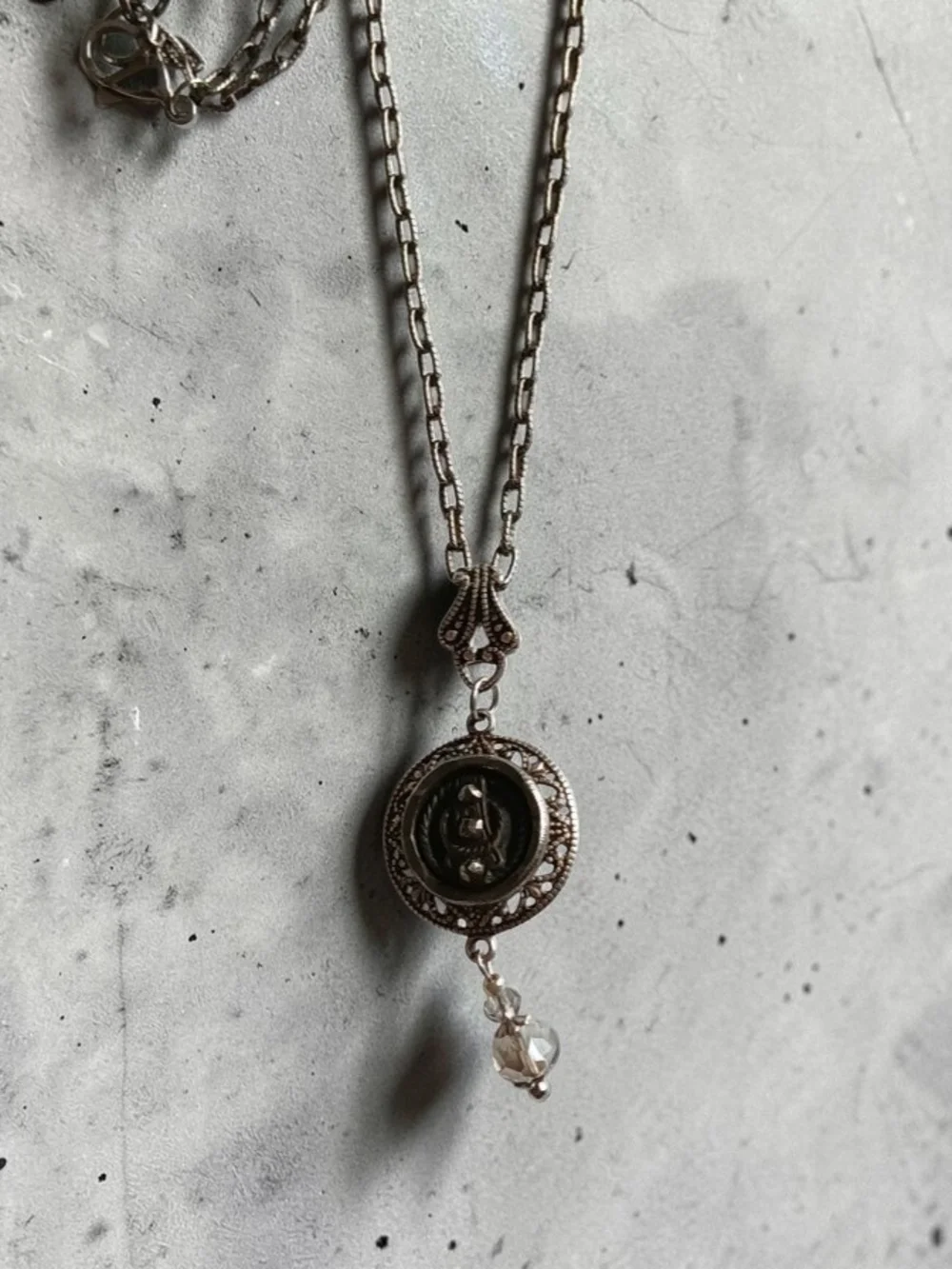 Antique Picture Button Necklace Cut Steel Riveted Oxidized Silver
